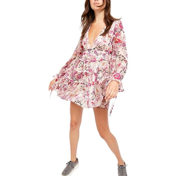 Free People Closer To The Heart Mini Dress Small NWT Cream Pink Floral Boho - Picture 7 of 7